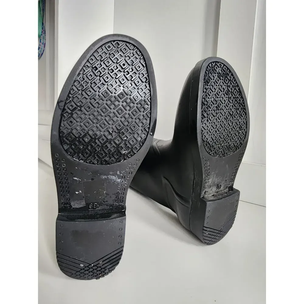 Tory Burch Diana Tall Rubber Rain Boots Womens Size‎ 6 Logo Black Brown Logo